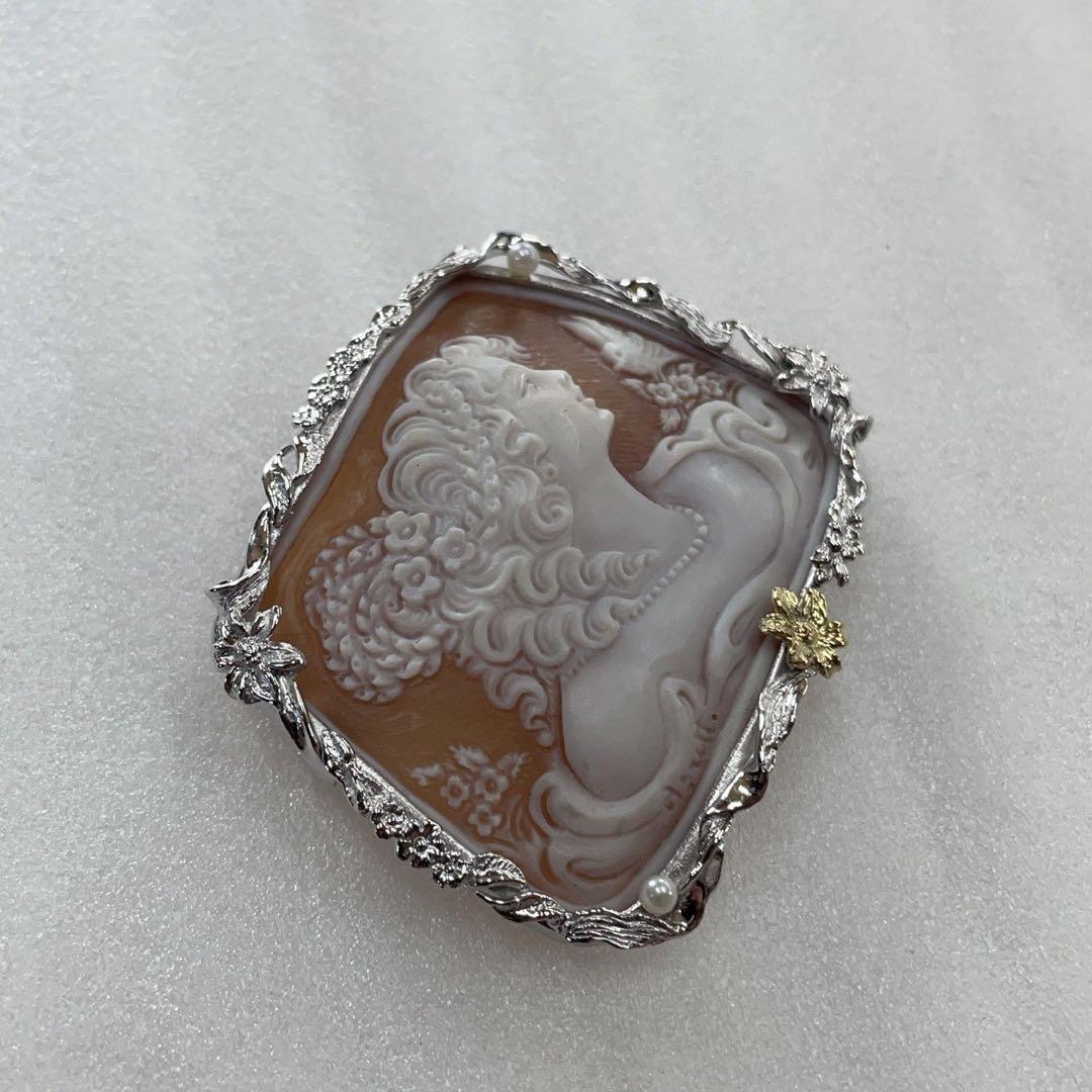 Ｋ１８　ＳＶ９２５　シェルカメオ　アコヤパール付き　ブローチ ペンダント