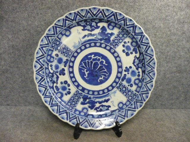 伊万里 風景図 染付 大皿 [B31359]