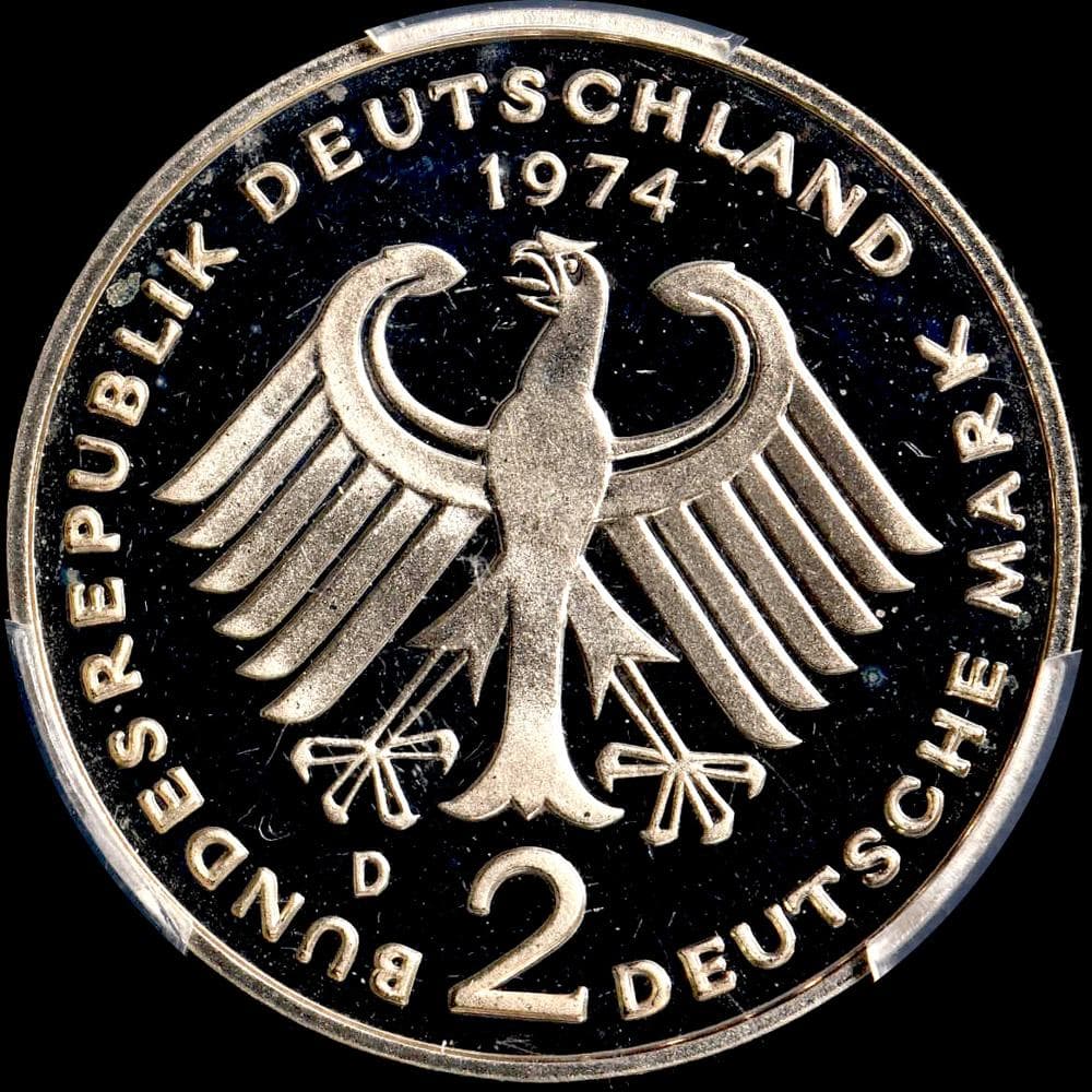 ⭐️【PCGS PR68DCAM 】1974-D ドイツ 2Mk銀貨 Heuss