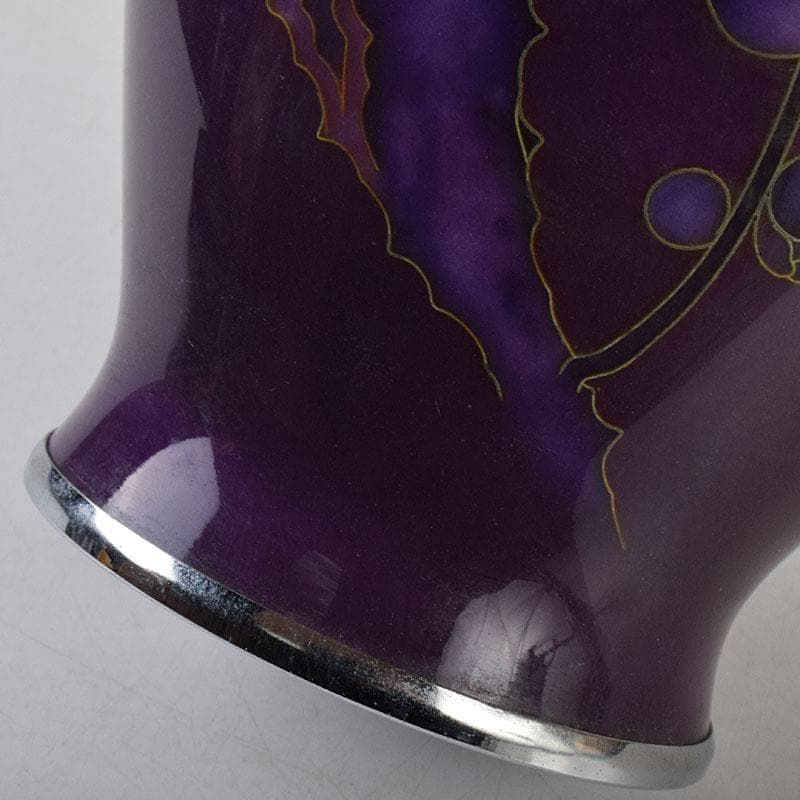 七宝焼　紫地梅文　花瓶　唐木台付　共箱　V　R9100