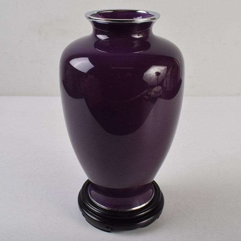 七宝焼　紫地梅文　花瓶　唐木台付　共箱　V　R9100