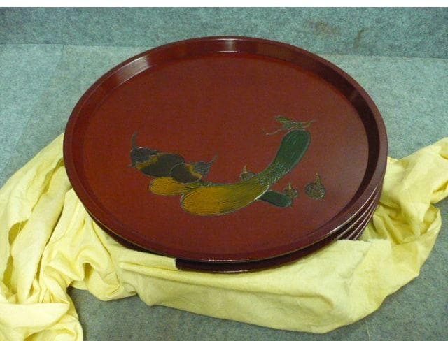 朱塗 彫刻 絵変り 丸盆 5枚 [B31315]