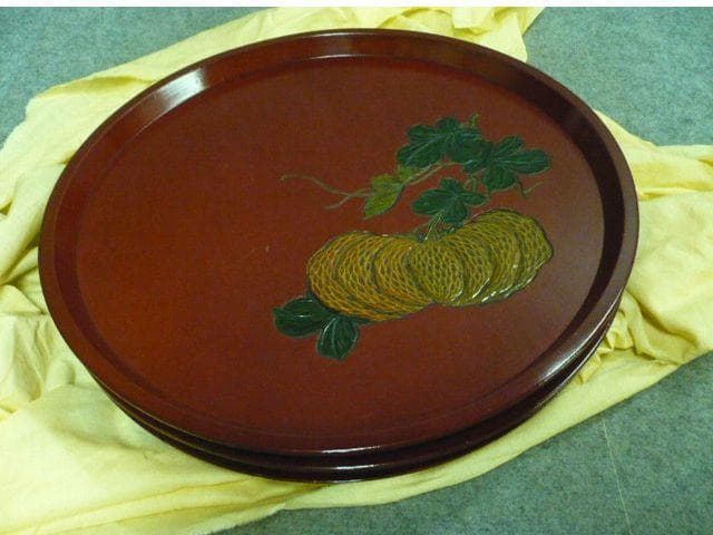 朱塗 彫刻 絵変り 丸盆 5枚 [B31315]