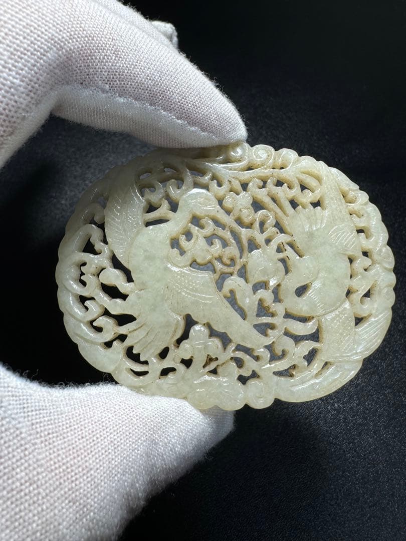 清時代　仙鶴の舞和田玉 細密雕刻 極細工 掛件 和田玉彫り 美品 中国古美術