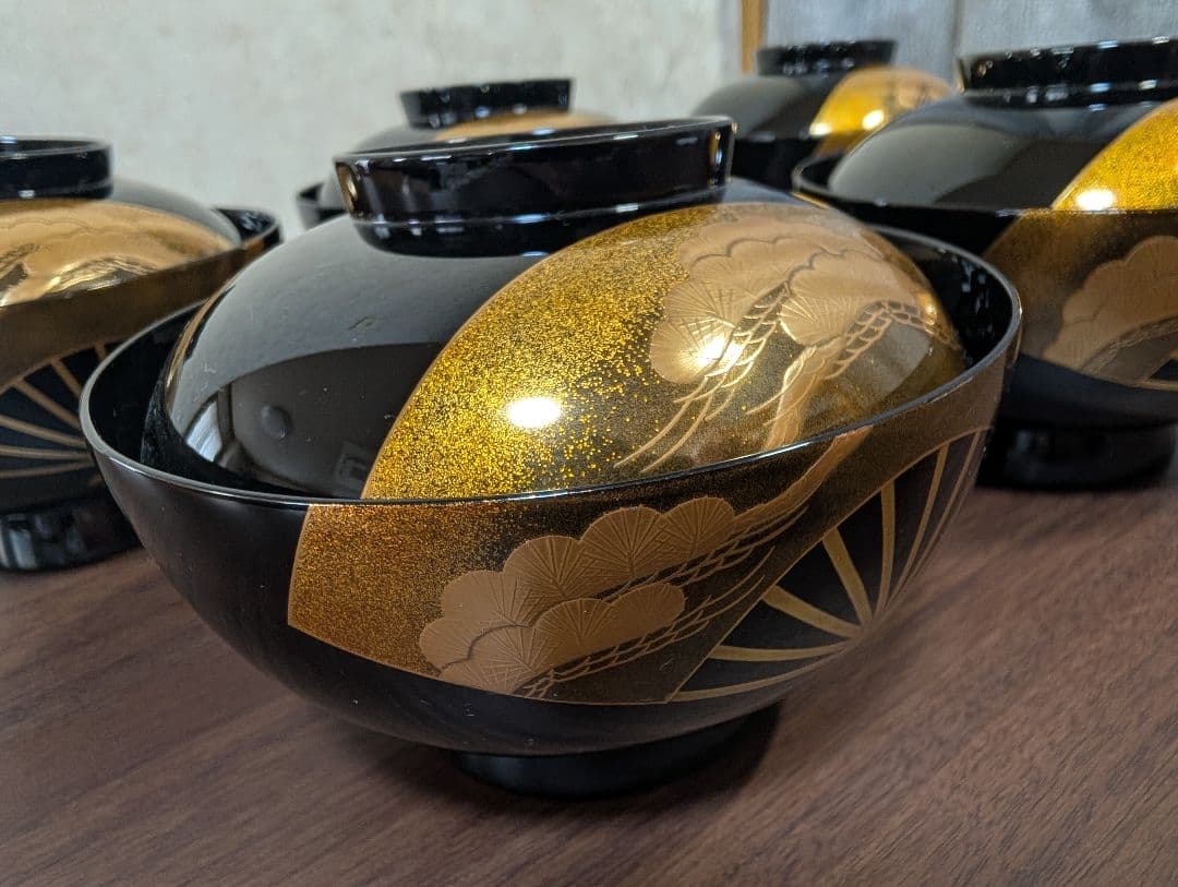 蒔絵　扇面　松竹梅　吸物椀　雑煮椀　煮物椀　５客セット　輪島塗