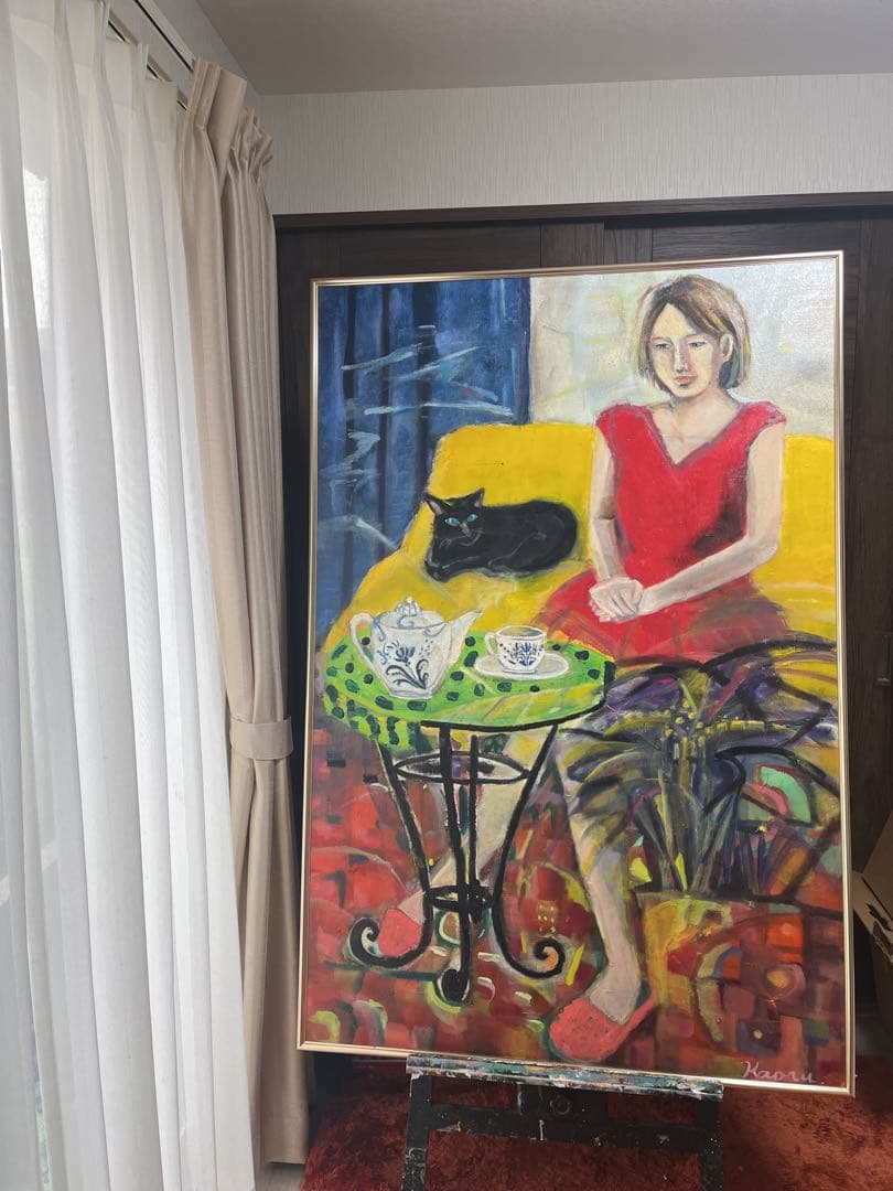 宮本薫　女性と黒猫の絵画「憩いの時」