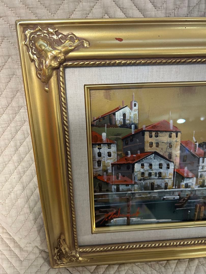 油絵　竹内敏彦　「スペインの港」　F4