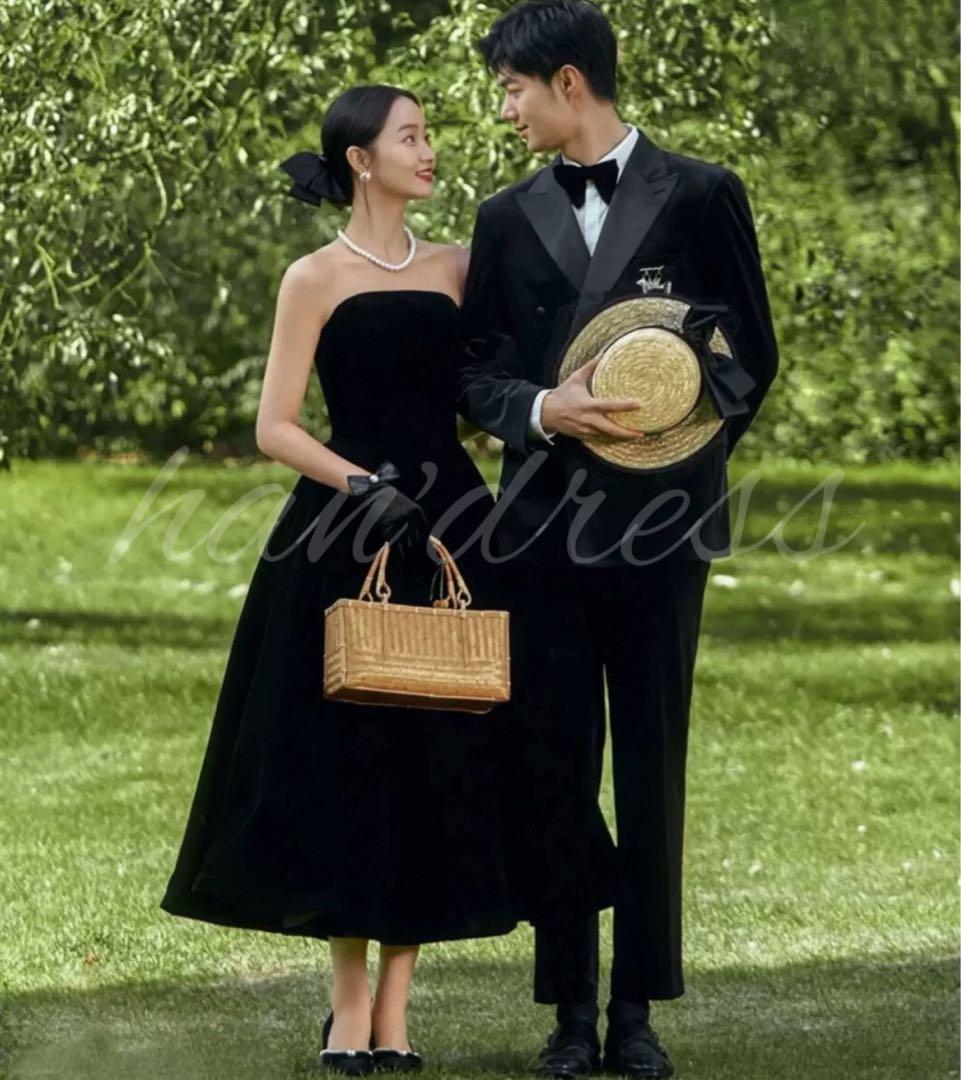 【前撮り・謝恩会】ブラックドレス 黒 ベルベット ベロア キラキラ 美シルエット