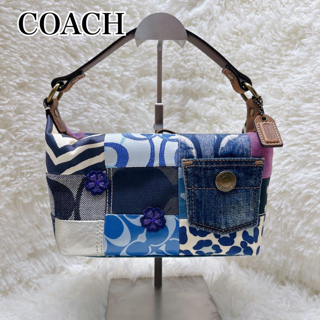 美品 COACHコーチ パッチワークデザイン ポーチ バッグ ブルー系 お花刺繍