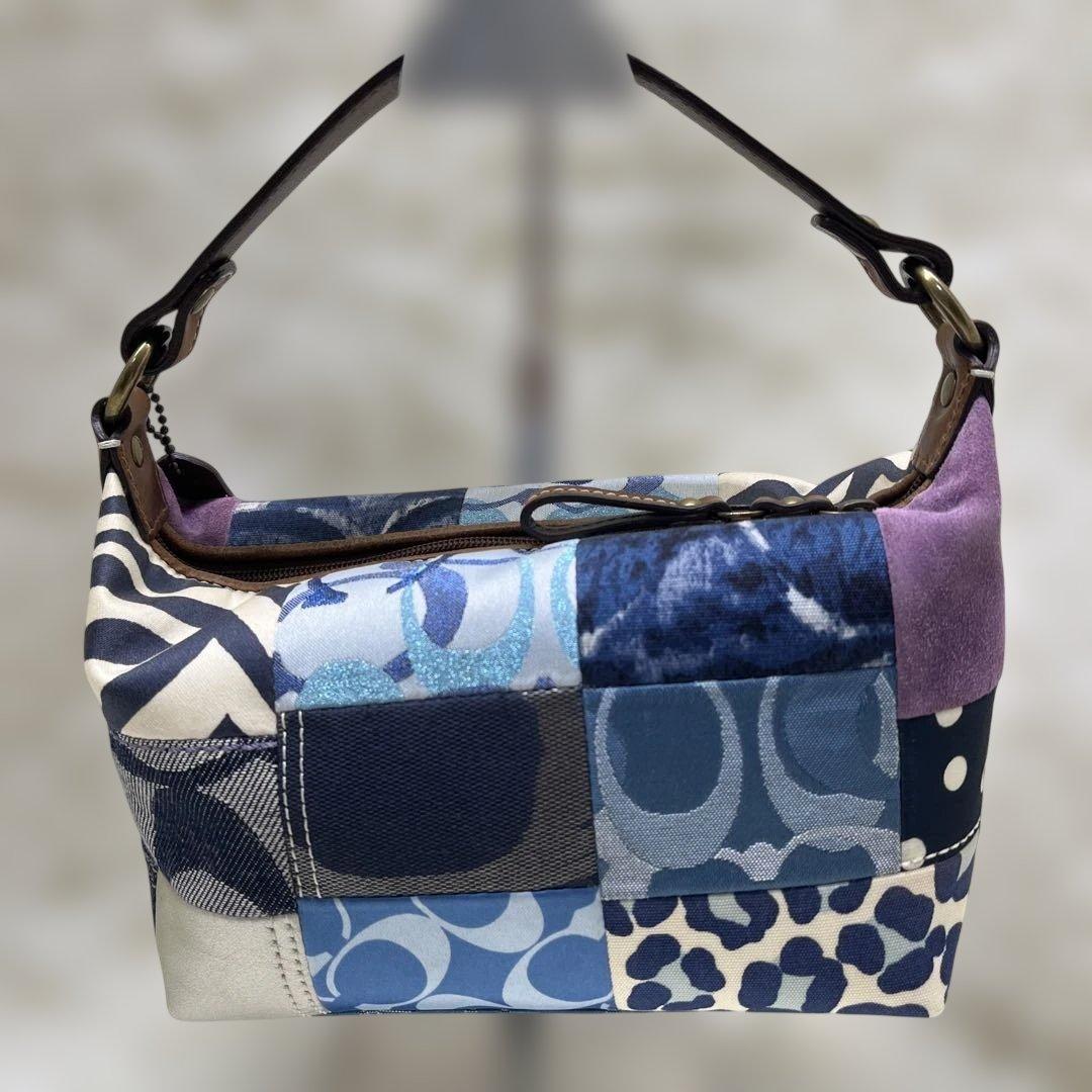 美品 COACHコーチ パッチワークデザイン ポーチ バッグ ブルー系 お花刺繍