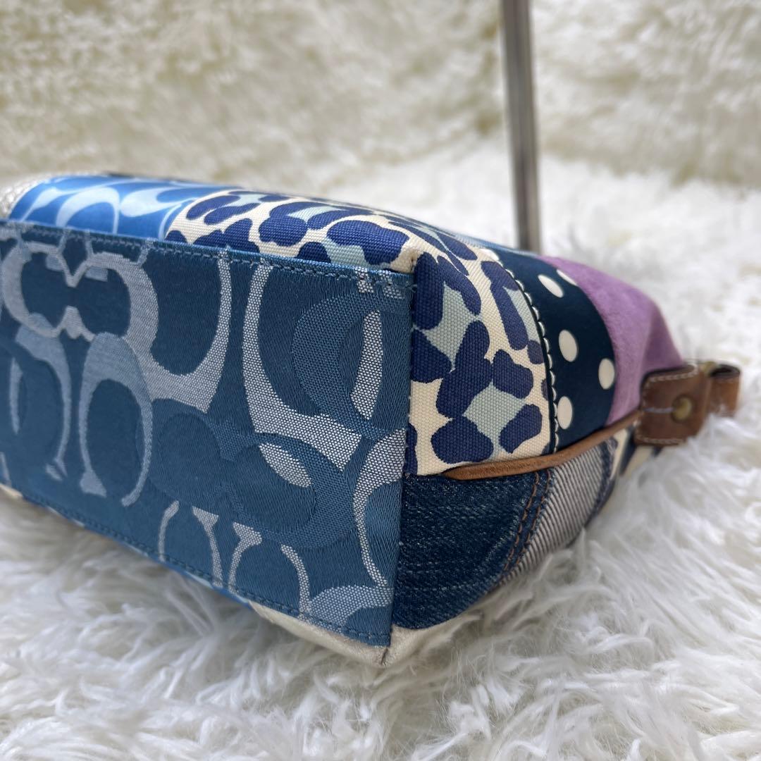 美品 COACHコーチ パッチワークデザイン ポーチ バッグ ブルー系 お花刺繍