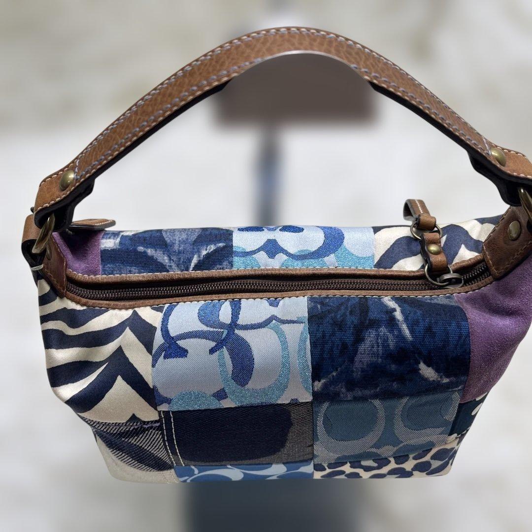 美品 COACHコーチ パッチワークデザイン ポーチ バッグ ブルー系 お花刺繍