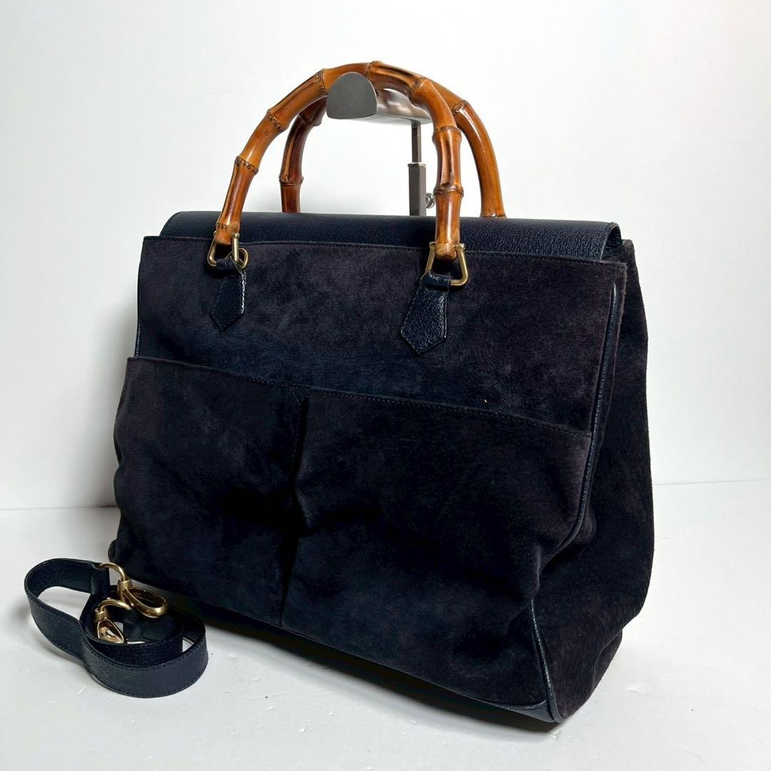 【希少✨】グッチ バンブー 2way ハンドバッグ スウェード 大容量 ネイビー