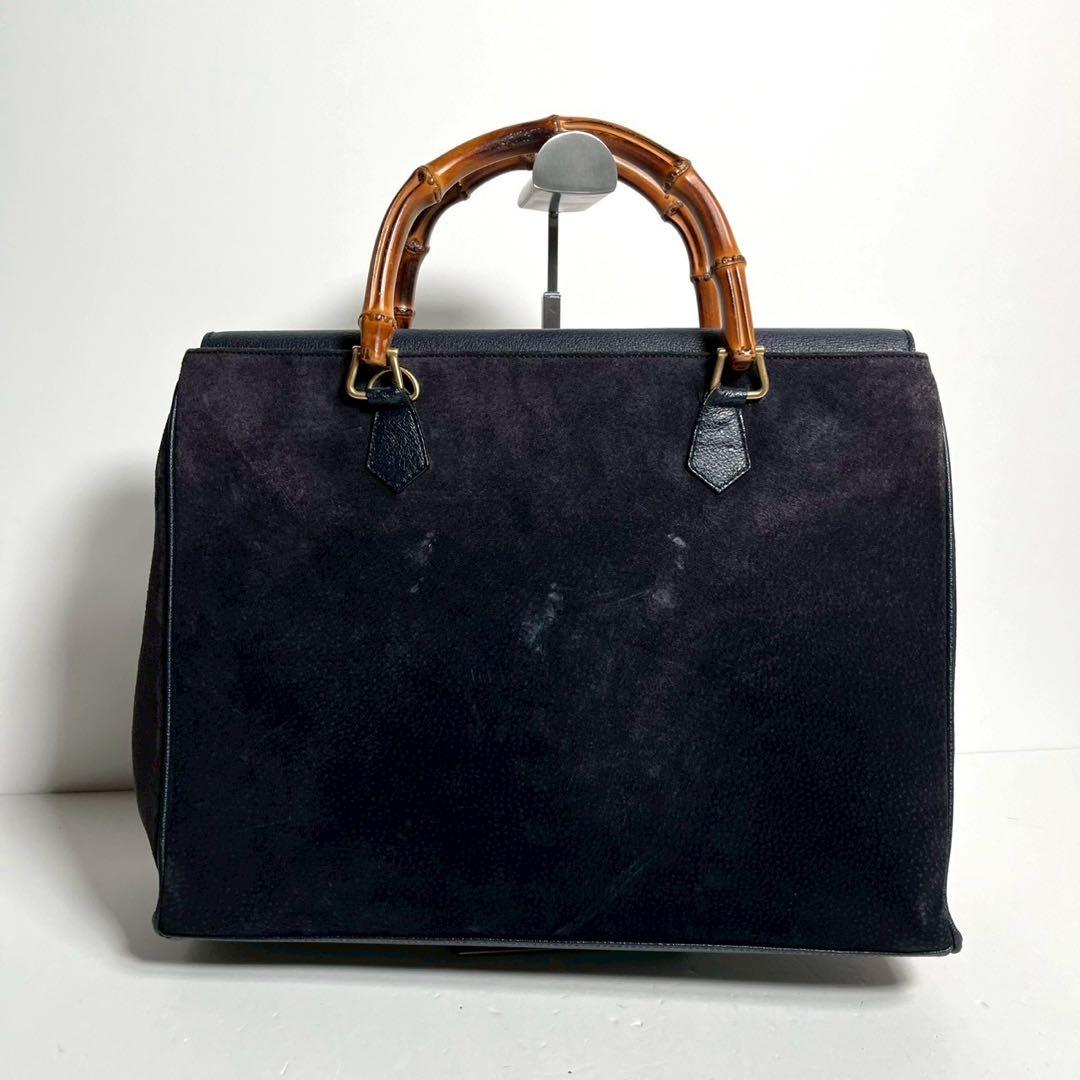 【希少✨】グッチ バンブー 2way ハンドバッグ スウェード 大容量 ネイビー