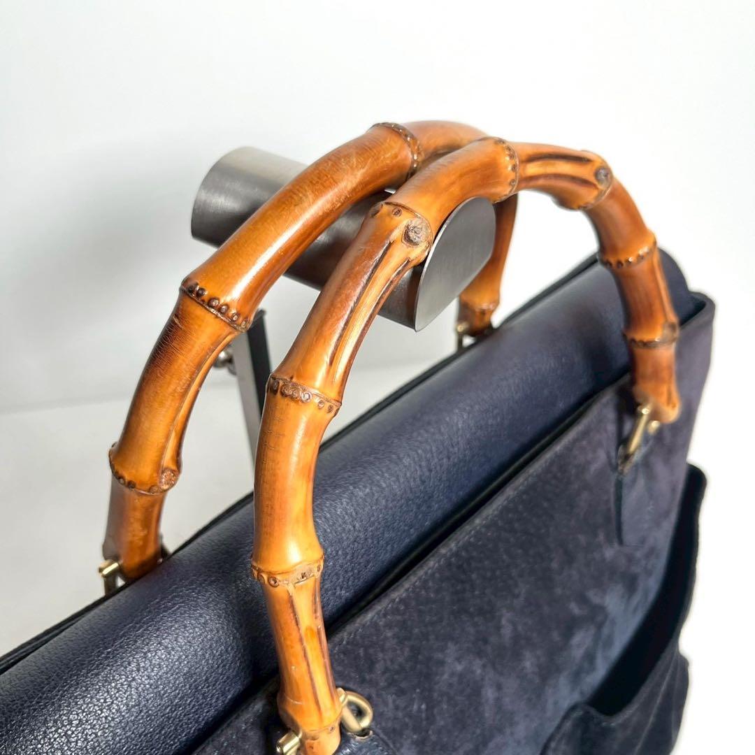 【希少✨】グッチ バンブー 2way ハンドバッグ スウェード 大容量 ネイビー