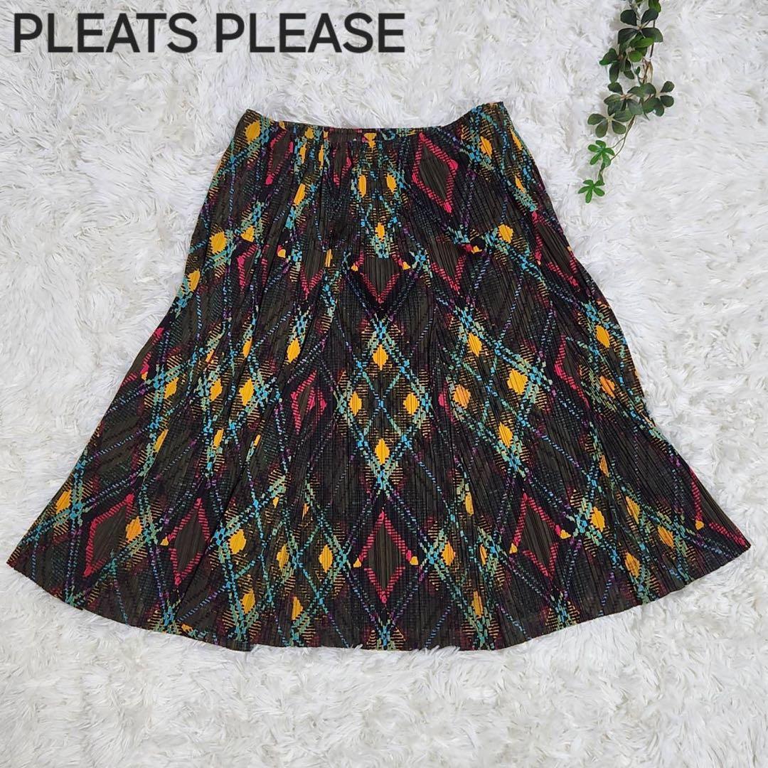 PLEATS PLEASE アーガイルフレアスカート 幾何学模様プリーツブリーズ