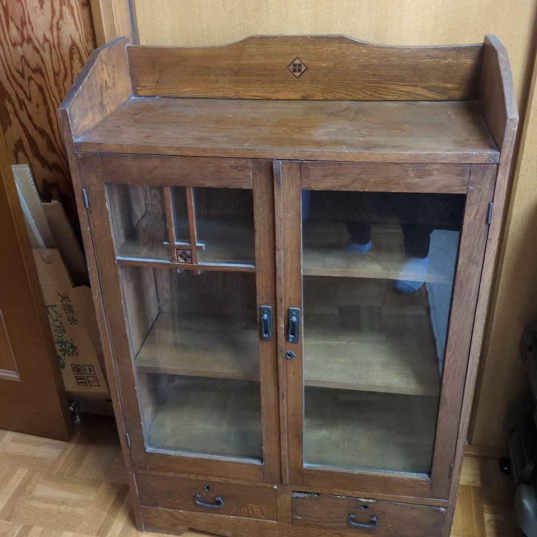 アンティーク　飾り棚　木製ガラス扉キャビネット　当時物　希少