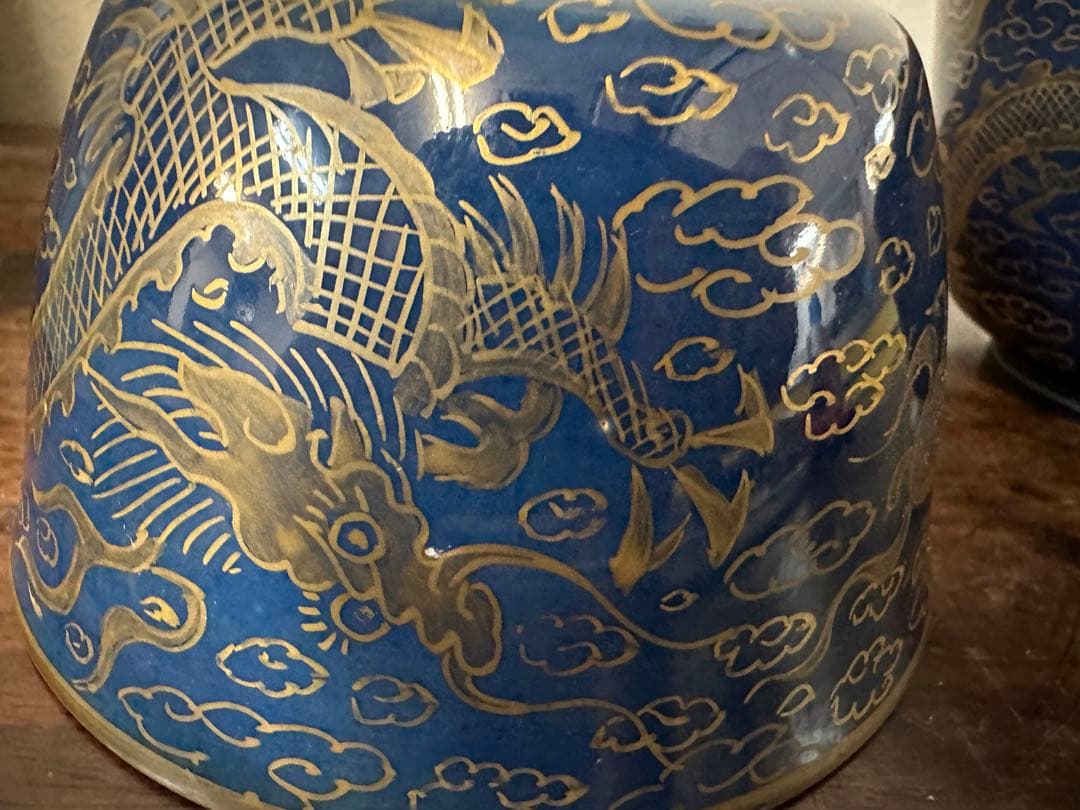 瑠璃釉　金彩　龍柄　茶碗　中国古美術　茶道　骨董品