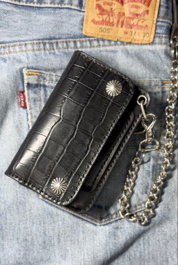 クロコ型押しレザー　ミドルトラッカーウォレット　シルバー925アポロコンチョ