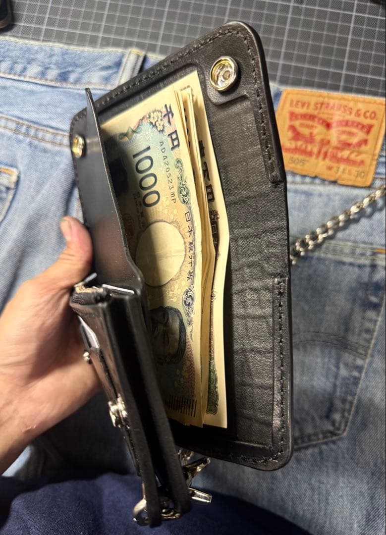 クロコ型押しレザー　ミドルトラッカーウォレット　シルバー925アポロコンチョ