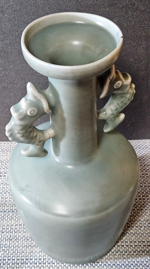 中国古美術　中国古陶磁器　鈞窯系　汝窯系　天青釉　双魚耳　大瓶　花入　オブジェ