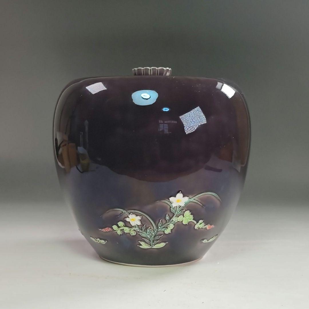 ウ233 水指『中村翠嵐』『紫交趾草花　水指　共箱』茶道具