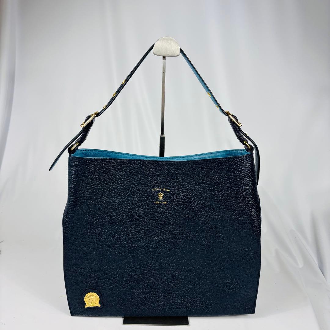 美品　ADMJ 　ポーチ付　ワンショルダーバッグ　ネイビー　ゴールド金具　日本製