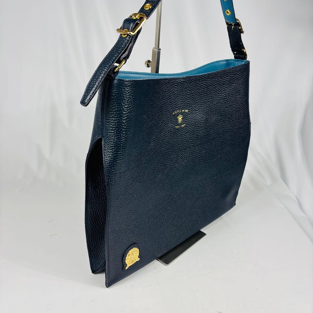 美品　ADMJ 　ポーチ付　ワンショルダーバッグ　ネイビー　ゴールド金具　日本製