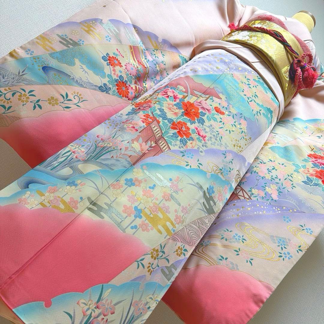 12 振袖フルセット 正絹 薄桃 ピンク 水色 金彩 暈し染め 華やか 小柄さん
