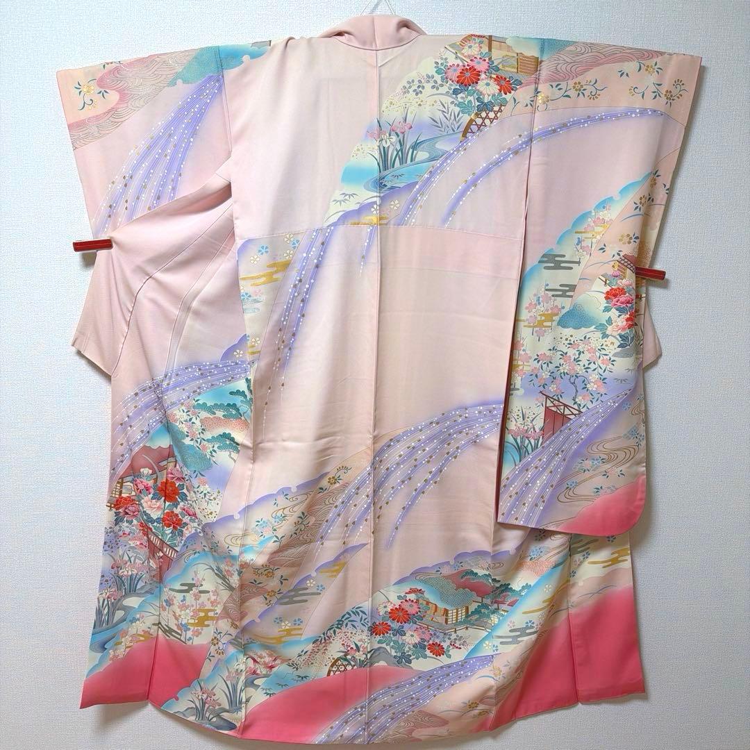 12 振袖フルセット 正絹 薄桃 ピンク 水色 金彩 暈し染め 華やか 小柄さん
