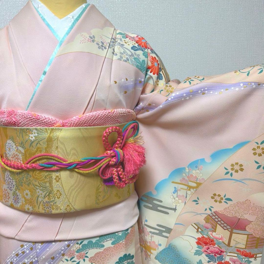 12 振袖フルセット 正絹 薄桃 ピンク 水色 金彩 暈し染め 華やか 小柄さん