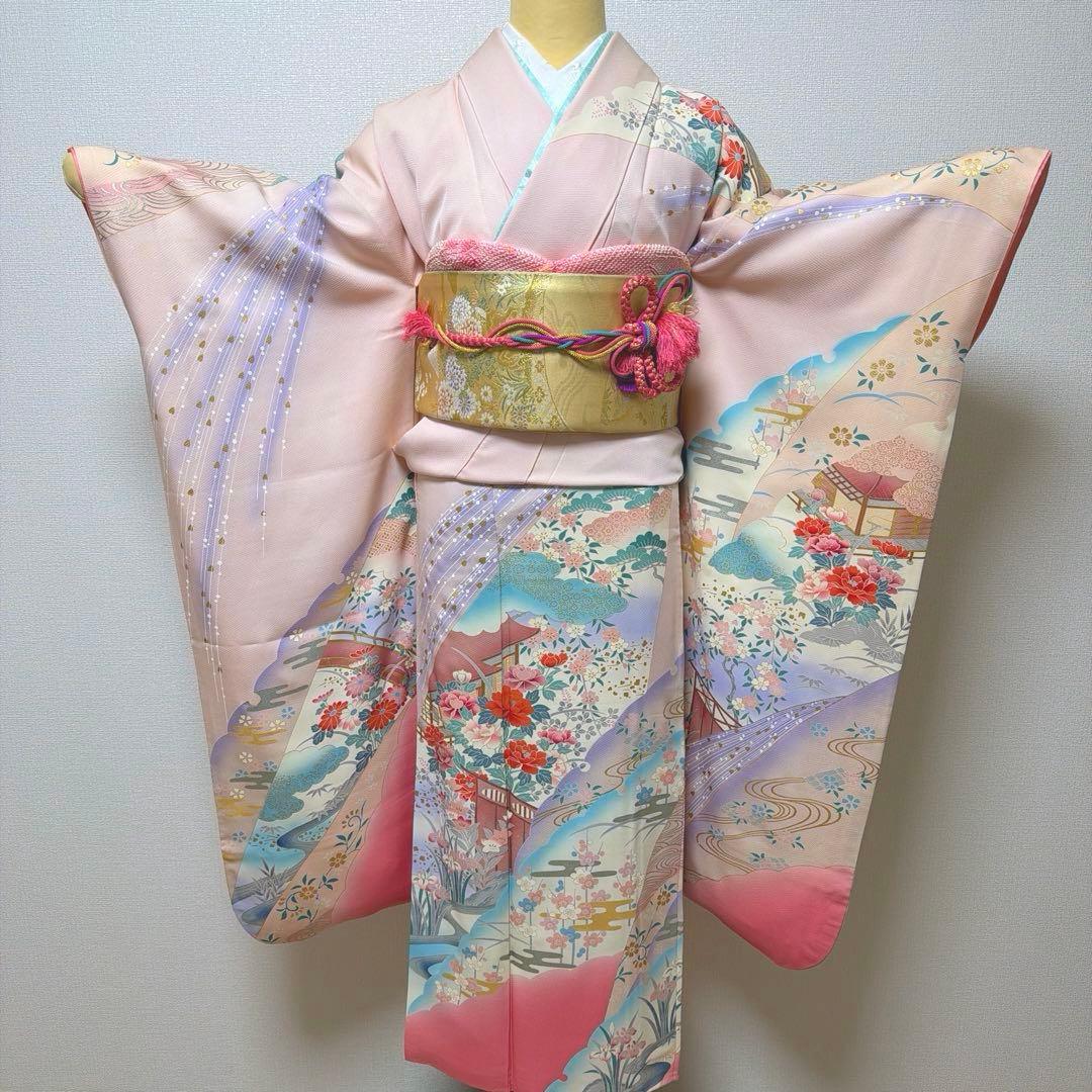 12 振袖フルセット 正絹 薄桃 ピンク 水色 金彩 暈し染め 華やか 小柄さん