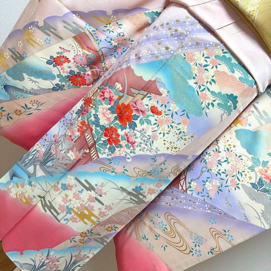 12 振袖フルセット 正絹 薄桃 ピンク 水色 金彩 暈し染め 華やか 小柄さん