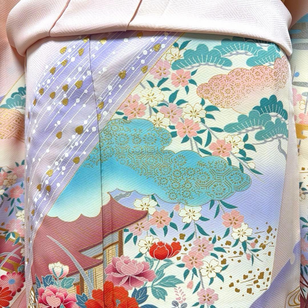 12 振袖フルセット 正絹 薄桃 ピンク 水色 金彩 暈し染め 華やか 小柄さん