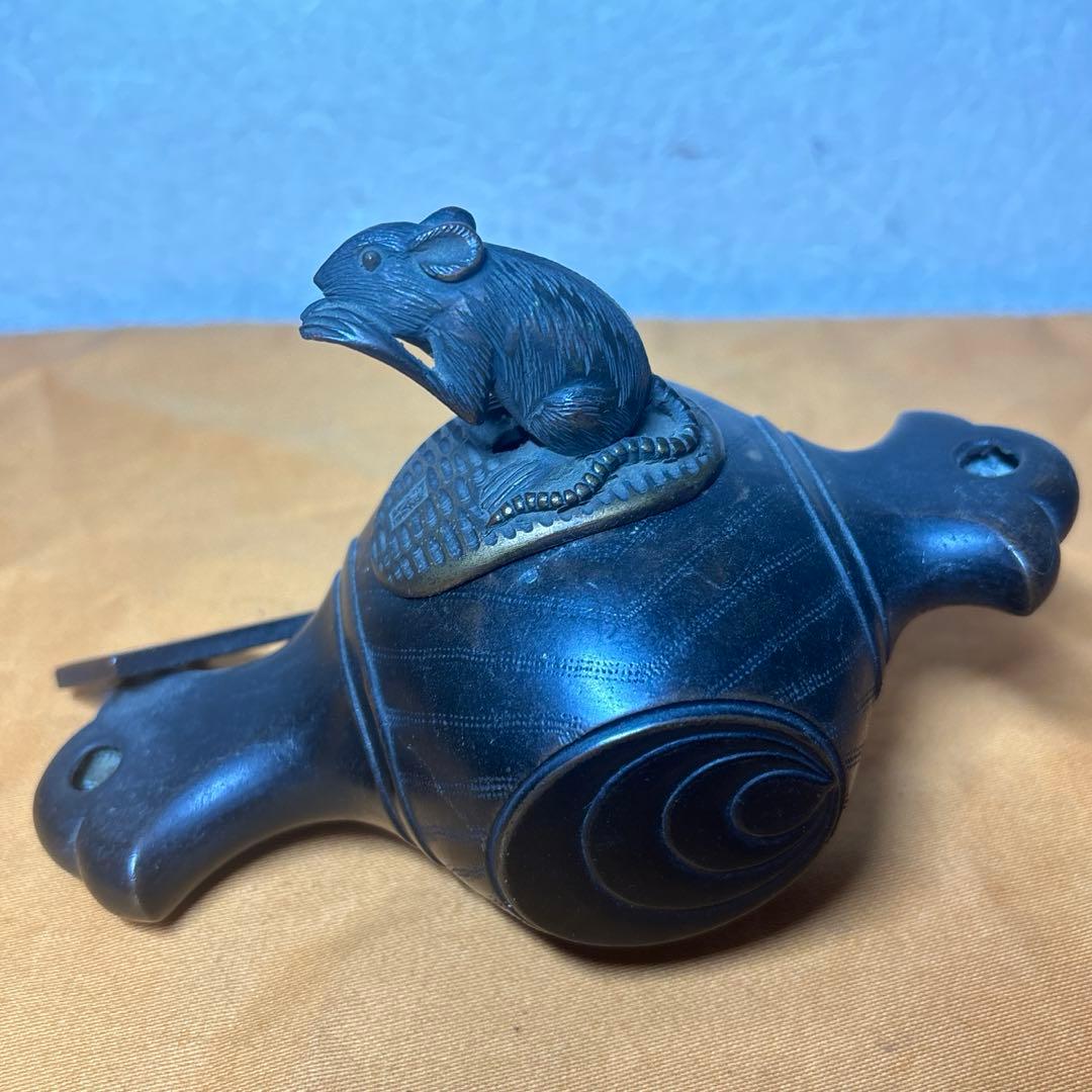 唐銅 福槌に鼡 置物 銅香炉 打ち出の小槌に鼠小判