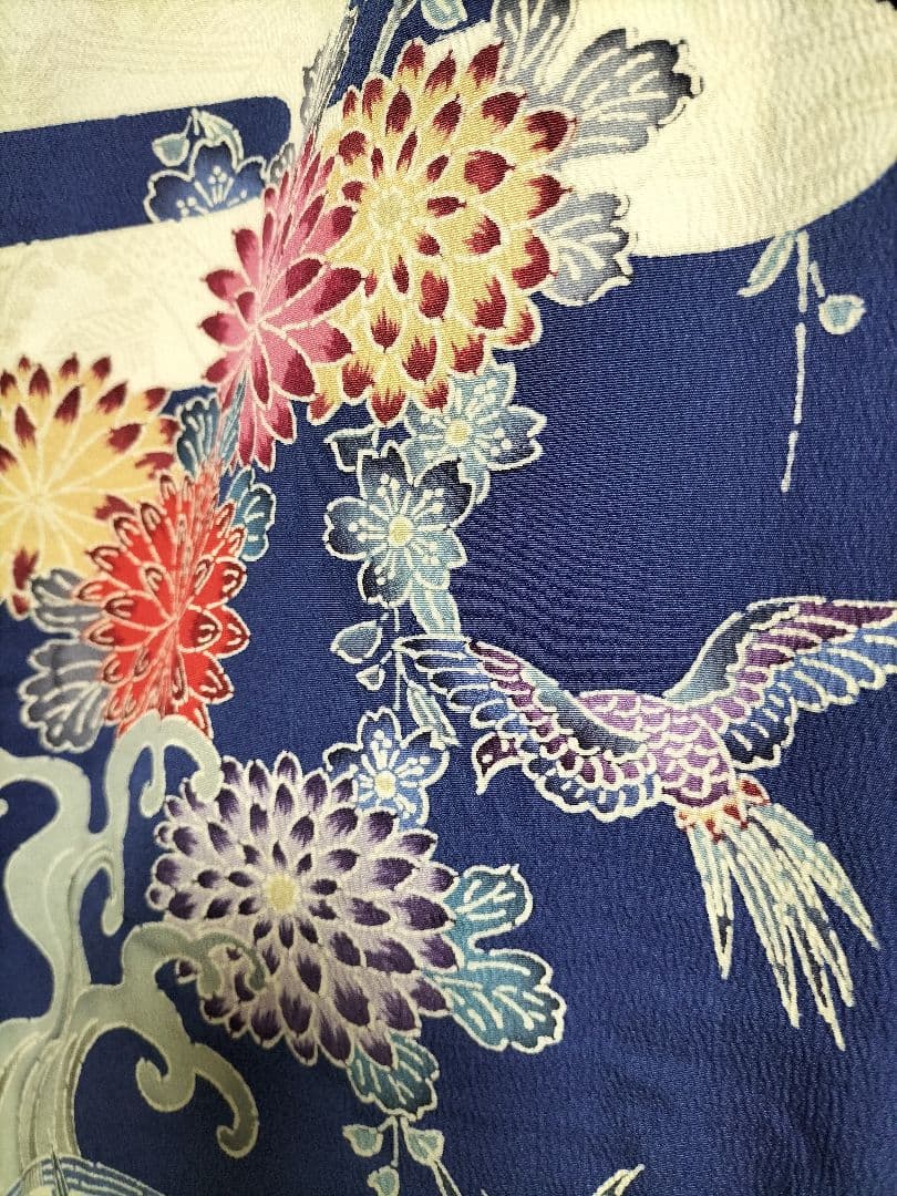 加賀友禅振袖　正絹　藍色　美品　縁起良い柄　成人式　長襦袢つき