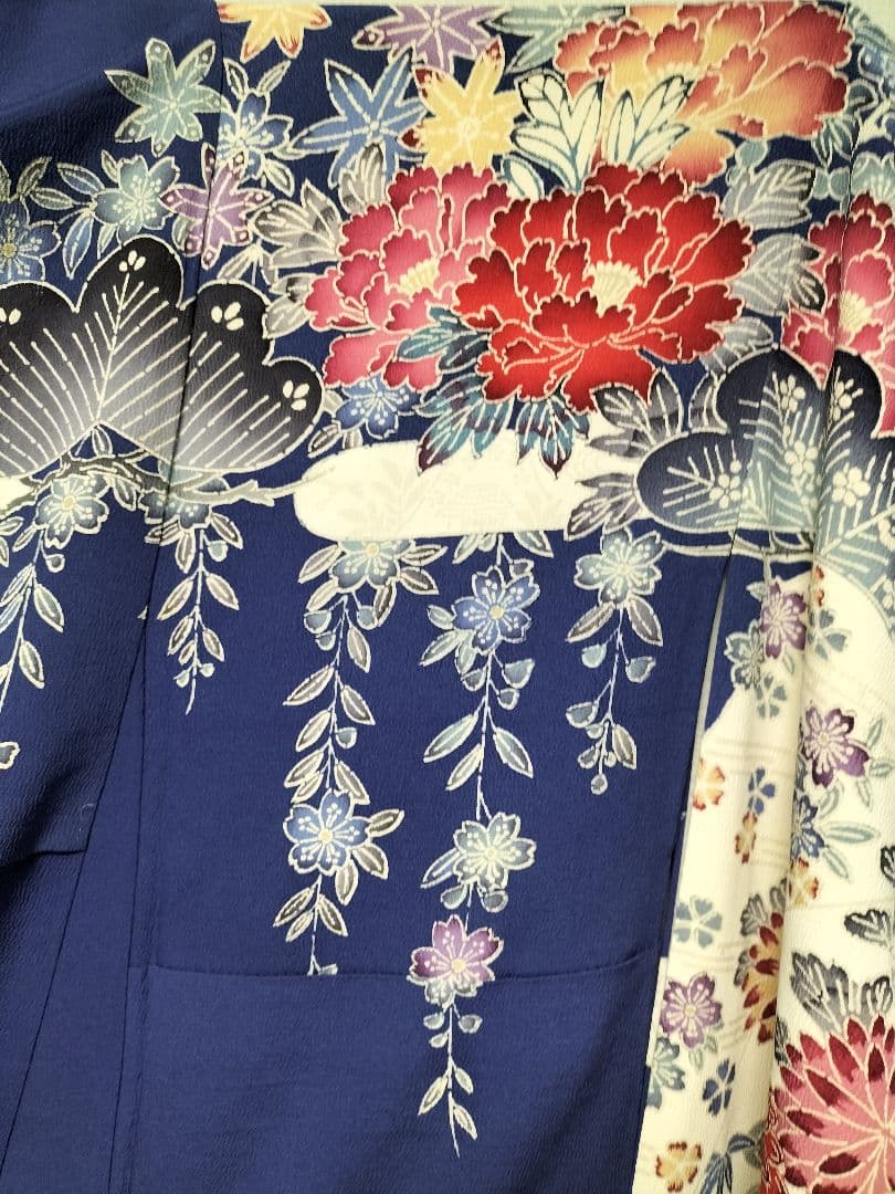 加賀友禅振袖　正絹　藍色　美品　縁起良い柄　成人式　長襦袢つき