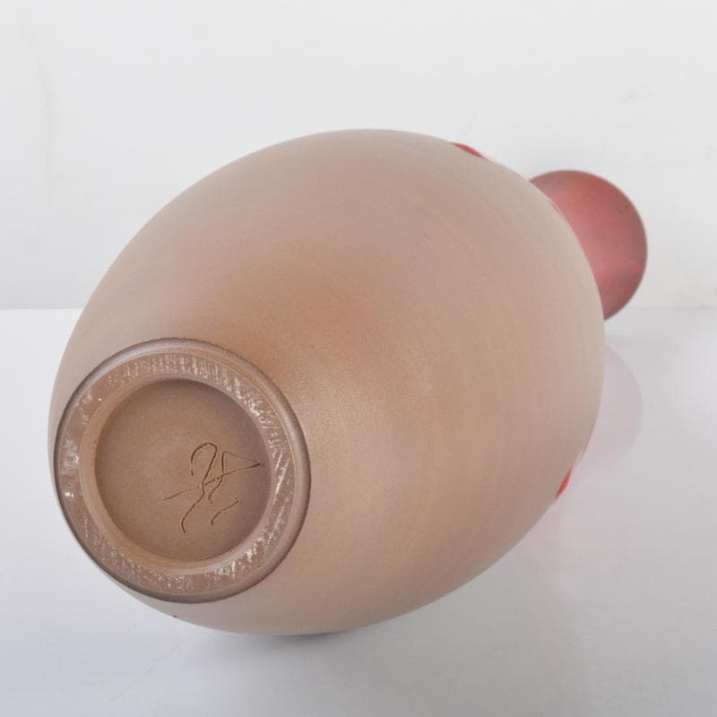 森山焼　赤焼　四代目　鈴木静邨作　紅彩鶴首花瓶　共箱　V　4186A