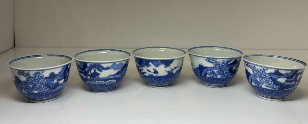 中国古玩　大明嘉靖年製　青花汲出碗5客　径約10.5㎝東Y7-0404③トヒチサ