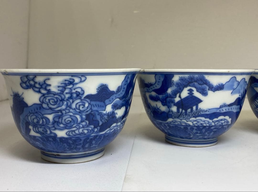 中国古玩　大明嘉靖年製　青花汲出碗5客　径約10.5㎝東Y7-0404③トヒチサ