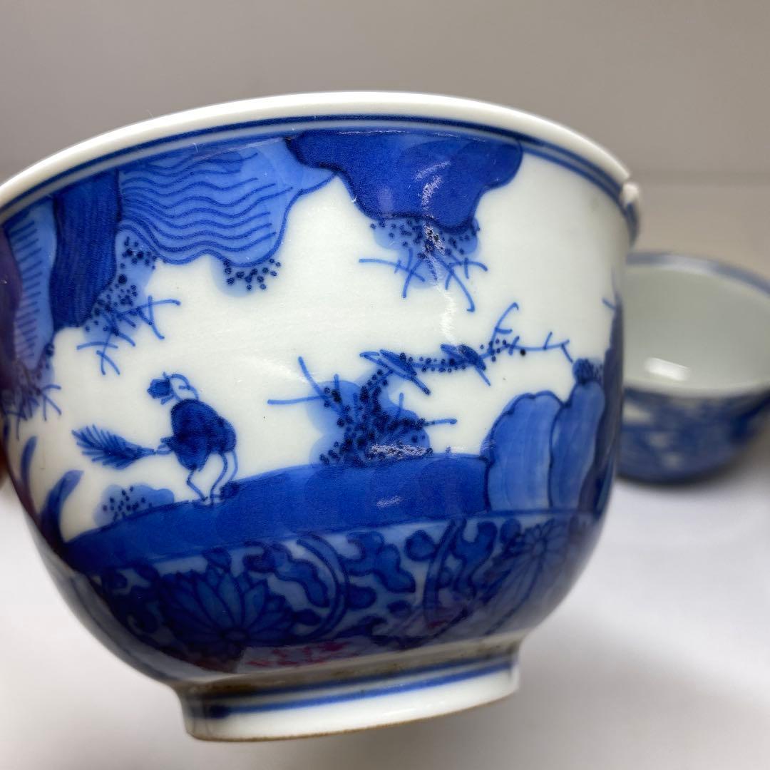 中国古玩　大明嘉靖年製　青花汲出碗5客　径約10.5㎝東Y7-0404③トヒチサ