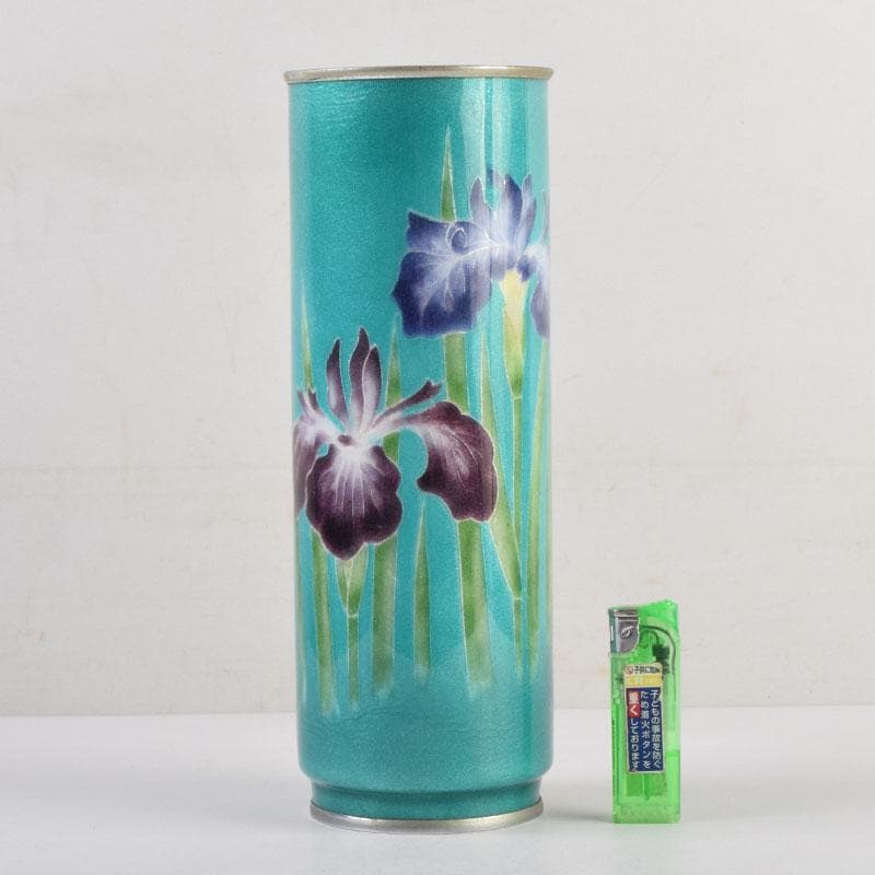 七宝焼　青釉　菖蒲文　筒瓶　花瓶　V　9134