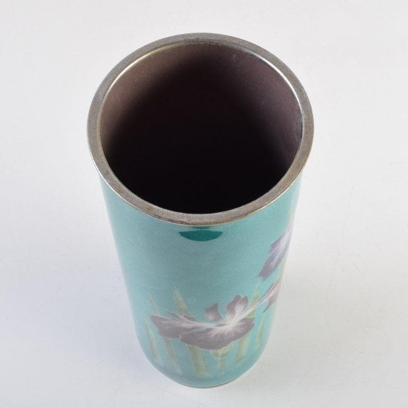 七宝焼　青釉　菖蒲文　筒瓶　花瓶　V　9134