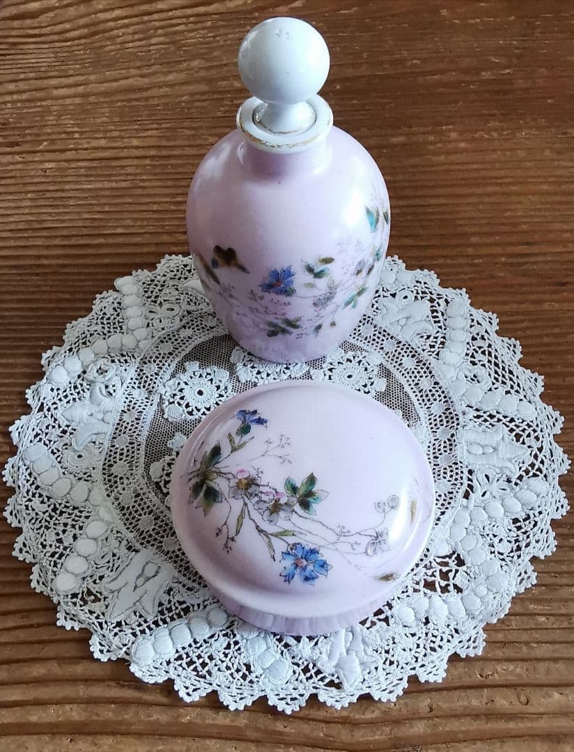 アンティーク リモージュ焼 手描き ビクトリアドレッシングセット ボトル＆宝石箱