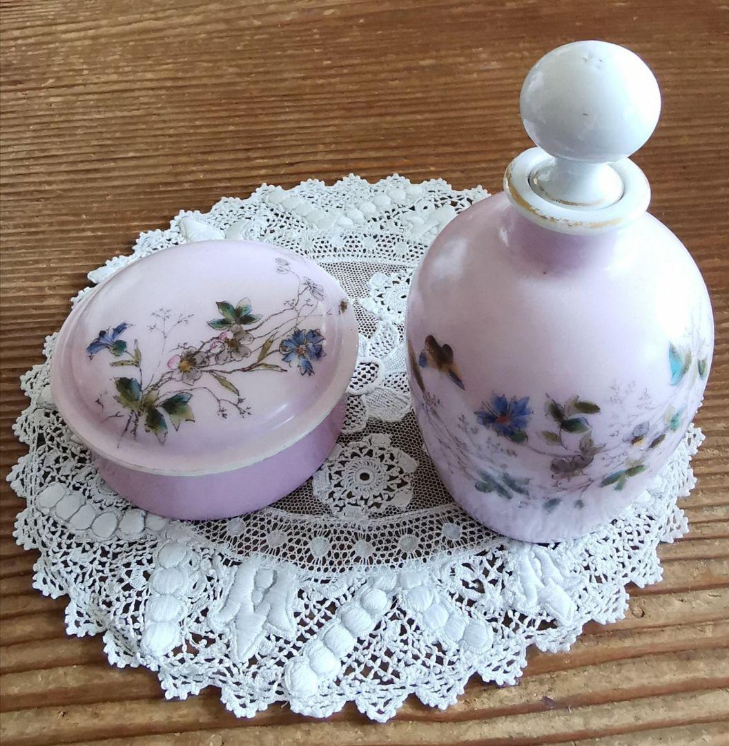 アンティーク リモージュ焼 手描き ビクトリアドレッシングセット ボトル＆宝石箱