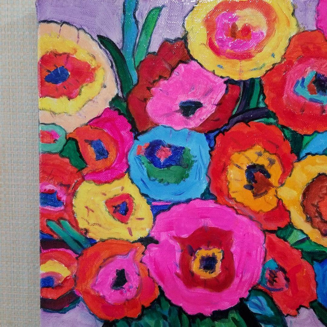 キャンバス油絵　専用　カラフルなお花とモノトーンの食器があるテーブル