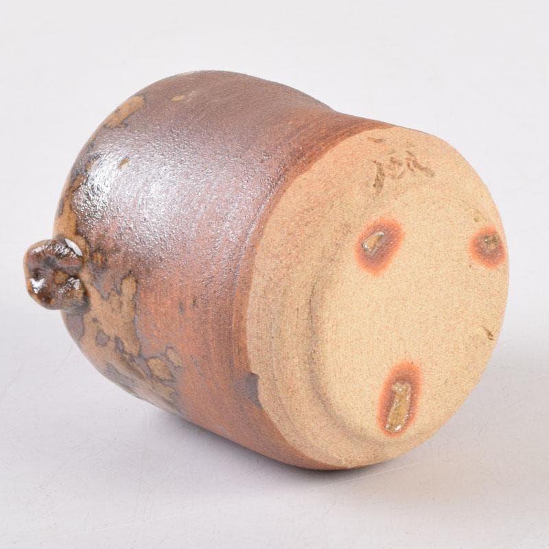 茶道具　萩焼　守繁栄徹作　耳付茶入　名物鷄頭金襴仕覆付　共布共箱　V　8498