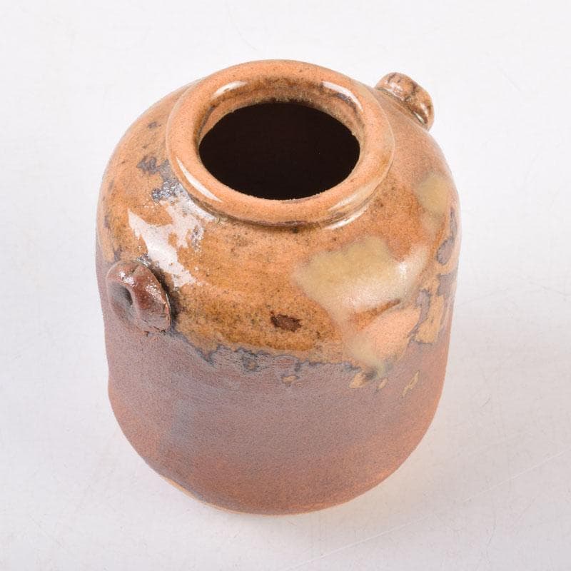 茶道具　萩焼　守繁栄徹作　耳付茶入　名物鷄頭金襴仕覆付　共布共箱　V　8498