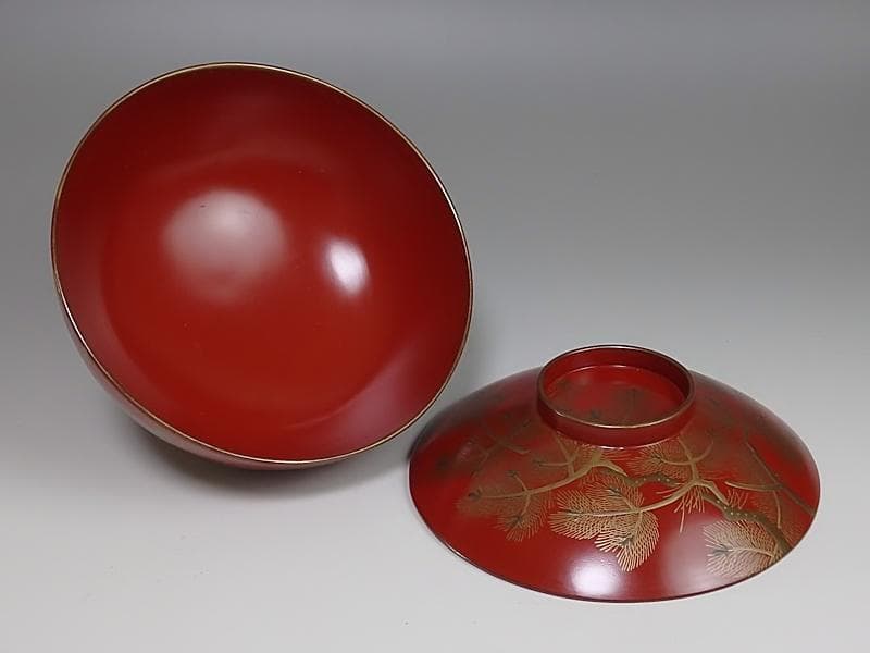 金蒔絵　若松の図　朱塗吸物椀　木製品　５客　A-FFm