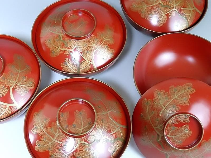 金蒔絵　若松の図　朱塗吸物椀　木製品　５客　A-FFm